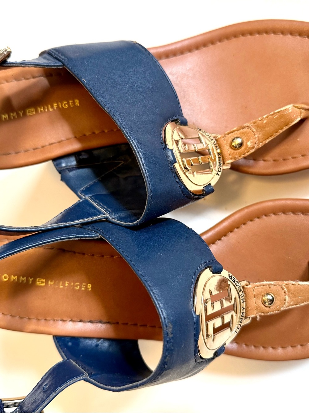Tommy Hilfiger Navy Leather Sandal with Gold Logo Medallion